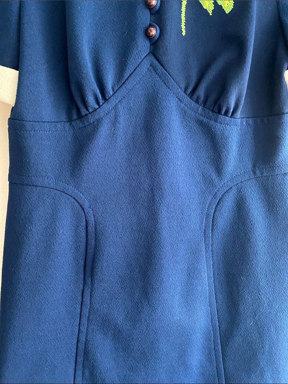 Rare Vintage 1970s Union Made Embroidered  Navy Blue Collared Cuffed Dress - Picture 6 of 10